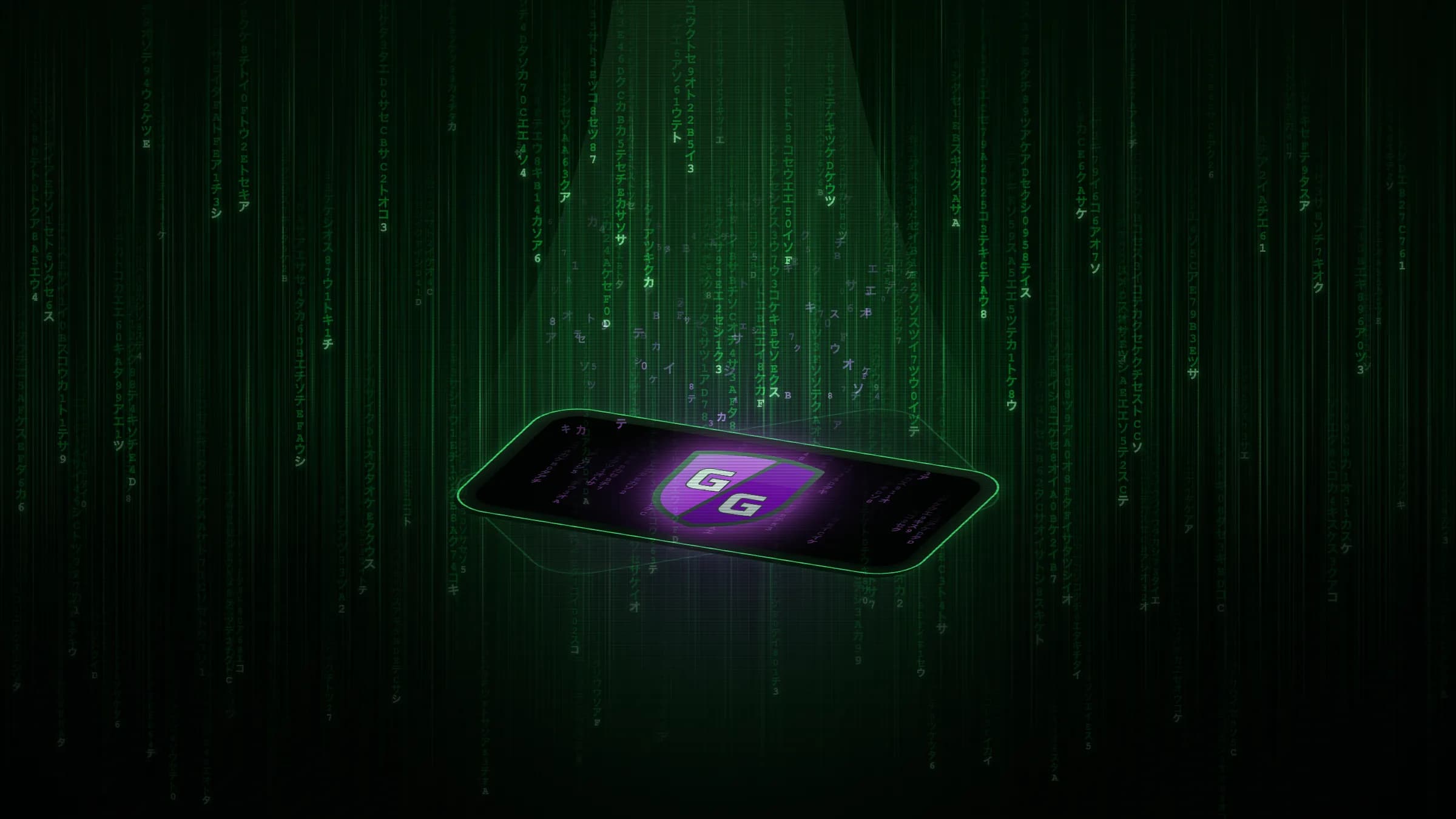 Android phone running Game Guardian in a stream of matrix code